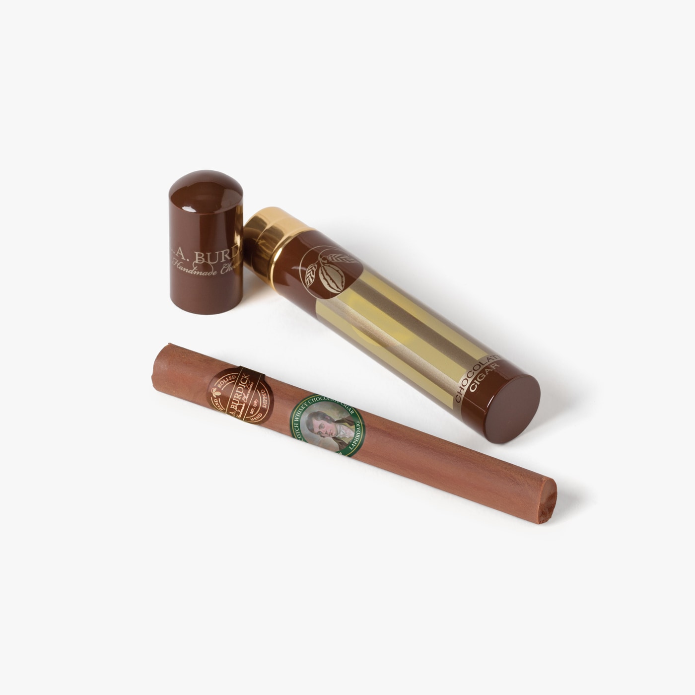 Velvety smooth dark chocolate ganache is hand-rolled into the shape of a cigar then hand-dipped in milk chocolate.
